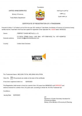 Perfect Oasis Metals LLC Weldon Trademark Certificate.