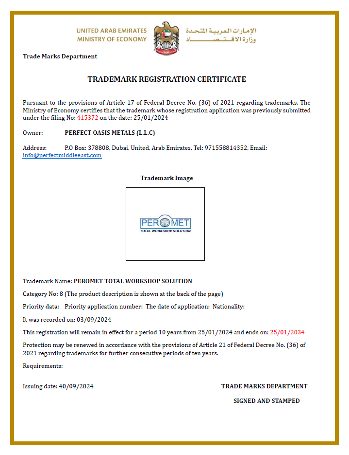 Peromet Trademark Certificate
