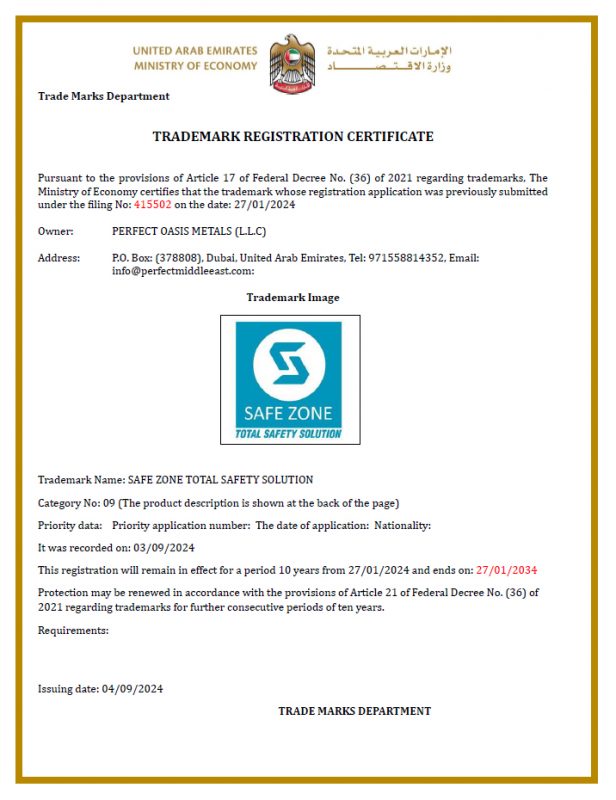 Safezone Trademark Certificate